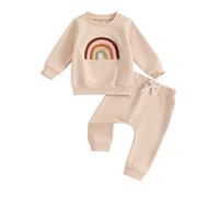 Xeadoffubio Bambino Neonato Ragazza Autunno Arcobaleno Stampato Due Pezzi Set Felpa Arcobaleno Ricamata Set Sportivo Manica Lunga Felpa Arcobaleno+pantaloni Elasticizzati (Beige-A, 0-6 Months)