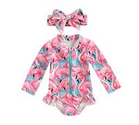 Xeadoffubio Costume da bagno per bambina con maniche lunghe, costume da bagno intero con volant, stampa floreale, tutina con cerniera per neonata, costume da bagno e fascia per la testa da spiaggia, 9