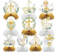 Xecamuvila Set da 10 Pezzi Decorazione Comunione - Centrotavola Comunione a Nido d'Ape con Croce, Angelo e Colomba, Decorazione Glitter Oro per Prima Comunione