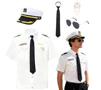 XEERUN Costume da capitano da uomo, costume da marinaio, camicia da capitano, con cappello da marinaio, cappello da capitano, occhiali e distintivo, costume bianco blu navy per carnevale, cosplay, M