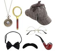 XEERUN Set di accessori per costume da detective, 7 pezzi, accessori per costume Sherlock Holmes, kit per vestito fantasia, detective cosplay, accessori di scena per carnevale, feste in maschera