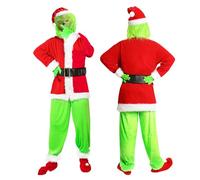 XehCaol 7 pezzi costume da Grinch per adulti con maschera, verde, grande costume da mostro, costume da Babbo Natale, costume da Halloween (2XL, costume verde per adulti)