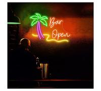 XENITE Luci al Neon Da Parete Insegna Al Neon Con Scritta Bar Open Coconut Tree, Adatta Per Decorazioni Da Parete Estive, Negozi, Spiagge, Dimmerabile, 39cmx56cm(E)