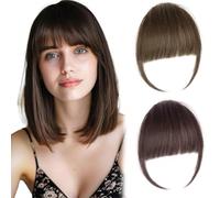 XENQITO 2 Pezzi Frangetta Finta Capelli Clip Frangia Piatta per capelli Frangia Extension Frontale Extension Frangetta Finta con Clip - Frangia Sintetica Naturale(Marrone Chiaro e Scuro)