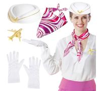 XEPST 4 pz Assistente di volo Costume per le donne - Hostess Costume Accessori Set con cappello Sciarpa Guanti Spilla per le donne Costumi di Halloween Cosplay Carnevale Fancy Dress Up, Bianco