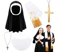 XEPST 5 pezzi di accessori per costumi di coppia di preti e suora di Halloween - copricapo e collare da suora, collane con ciondolo a croce, stola da prete per adulti, cosplay di Halloween e Carnevale