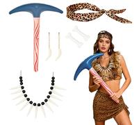 XEPST 6 Pezzi Costume Cavernicola Adulti Bambina, Fermacapelli ad Osso Collana da Uomo delle Caverne Sarong Leopardo Accessori ad Osso Orecchino Set di Accessori per Carnevale di Halloween