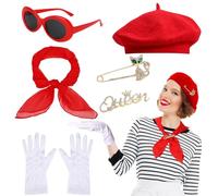 XEPST 6 PZ Costume francese set-50 s Fancy Dress per le donne con francese berretto Occhiali da sole Sciarpa Guanti francese Artista Mime Kit per Halloween Cosplay Carnevale Fancy Dress Up