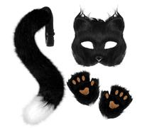 XEPST Animale Fox Costume Set con Therian Mask and Tail, Maschera e Coda da Volpe Therian Set di Accessori per Halloween Cosplay Costume Fancy Dress Carnevale, Nero