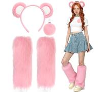 XEPST Animale Orso Costume Set, Orecchie da Orso Fascia per Capelli e Coda, Gambali in Pelliccia Sintetica Morbida Costume Carino da Animale per Feste di Halloween e Carnevale, Rosa