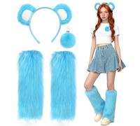 XEPST Animale Orso Costume Set, Orecchie da Orso Fascia per Capelli e Coda, Gambali in Pelliccia Sintetica Morbida Costume Carino da Animale per Feste di Halloween e Carnevale, Blu
