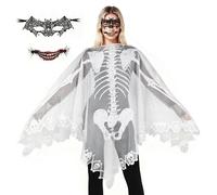 XEPST Poncho Scheletro di Halloween da Donna - Costumi per il Giorno dei Morti con Mantello Scheletro, Maschera da Pipistrello, Adesivo per Tatuaggio Bocca per Adulti, Cosplay, Carnevale di Halloween