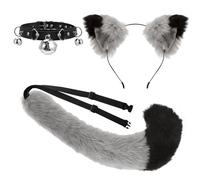 XEPST Set Coda e Orecchie, Kit con Orecchie e Coda da Gatto Grigio di Volpe in Pelliccia Sintetica con Super Enorme Coda Soffice, Orecchie e Collare Campanelle per Accessori per Costumi Feste