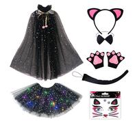 Xerteam 8 costumi da gatto per bambini, costume di Halloween per ragazze, tutù luminoso, mantello, orecchie di gatto, fascia, guanti da zampa, coda, papillon, adesivi per il viso, travestimento con