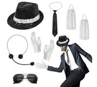 Xerteam 8 pezzi Michael Costume da uomo anni '80, Rock anni '80 per Travestimenti cosplay con Cappello con Paillettes Jazz Guanto Calzino Cravatta Occhiali da Sole Microfono re del Pop per Carnevale