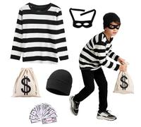 Xerteam Costume da ladro per bambini, vestito da ladro per bambini con cappello a righe in bianco e nero maschera per gli occhi borsa di tela fatture false per la giornata mondiale del libro