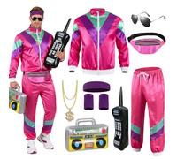 Xerteam Costume da uomo anni '80 e '90, con accessori, stile hip hop retrò anni '80 e '90, set con 1 abbigliamento sportivo, camicia, pantaloni, occhiali, collana, palloncino, radio, marsupio, rosa