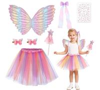 Xerteam Set di 7 costumi da fata per ragazze, ali di farfalla, set con ali, tutù, gonna, bacchetta, forcina, adesivi a farfalla, costume da principessa per ragazze da fata, per feste