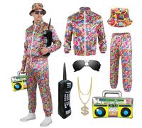 Xerteam Vestito da uomo anni '80 e '90, con accessori, stile hip hop retrò anni '80, per adulti, set con 1 abbigliamento sportivo, camicia, pantaloni, cappello, collana, palloncino e occhiali (rosso 1