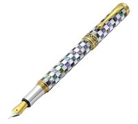 Xezo Maestro Jubilee penna stilografica, punta fine. Madreperla bianca a scacchi e conchiglia di abalone pāua iridescente. Placcato in oro 18 carati. Edizione limitata di 223 pezzi. Fatto a mano