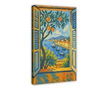 XFATGIA Quadro moderno con stampa artistica su tela, motivo: albero di arancio, paesaggio costiero, barca, decorazione artistica da parete per soggiorno, camera da letto, 50 x 75 cm