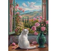 XFENDOUDOU Completi per bambini da ricamare punto croce Gatto bianco sul davanzale della finestra Embroidery Starter Kit per Decorazione Domestica 16x20inch
