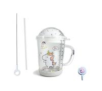 Xfeyaqlo Bicchiere con cannuccia, bicchiere con coperchio e cannuccia, con coperchio, fondo antiscivolo e cannuccia in silicone, per latte, tè, per microonde, (pony bianco, vetro, 400ml) Xfeyaqlo