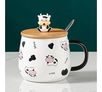 Xfeyaqlo Tazza Colazione Latte, con Coperchio e Cucchiaino, un Buon Partner per Gli Amanti Delle Mucche, Regali per La Famiglia, Gli Amici, 400ml (B Mucca)