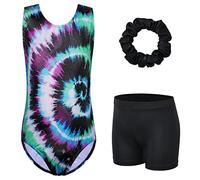 XFGIRLS Body da ginnastica per ragazze, senza maniche, luccicante, per danza classica, pantaloncini sportivi per ragazze 3-16 anni, Black_tiedye, 7-8 Anni