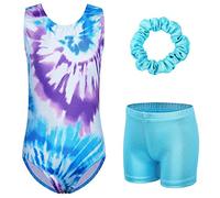 XFGIRLS Body da ginnastica per ragazze, senza maniche, luccicante, per danza classica, pantaloncini sportivi per ragazze 3-14 anni, Blue_tiedye, 9-10 Years