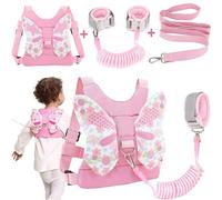 XFLYP Bambino a Piedi Guinzaglio di Sicurezza, 3 in 1 Imbracatura di Sicurezza e 1.5m Anti perso Collegamento del Polso con serratura, Guinzaglio elastico di sicurezza con Ali di Farfalla(Rosa)