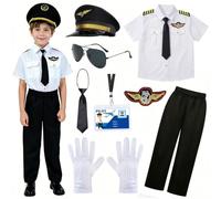 XFOZDM Costume da capitano pilota per bambini, uniforme da aviatore, con accessori, per Halloween, giorno della carriera, cosplay, feste, set da 160