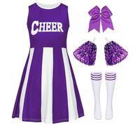 XFOZDM Costume da cheerleader per bambini e ragazze, da cheerleader, abito da cheerleading, uniforme, con elastico per capelli, pompon e calze, costumi di carnevale, Halloween, feste, viola, 170