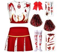 XFOZDM Costume da cheerleader zombie da donna, spaventoso e sanguinato, con pompon, fiocco e calzini, costume per Halloween, carnevale, cosplay, per donne e ragazze, rosso, 150 cm