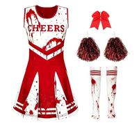 XFOZDM Costume da cheerleader zombie per Halloween, costume spaventoso con fiocco per capelli, pompon e calze al ginocchio, per carnevale, cosplay, giochi di ruolo, rosso, 120 cm