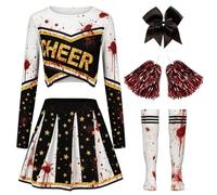 XFOZDM Costume da cheerleader zombie per ragazze, a maniche lunghe, set con top corto e top spaventoso per Halloween, con stella dorata e macchie di sangue con gonna, fiocco per capelli, pompon e