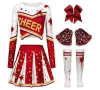 XFOZDM Costume da cheerleader zombie per ragazze, a maniche lunghe, set con top corto e top spaventoso per Halloween, con stella dorata e macchie di sangue con gonna, fiocco per capelli, pompon e