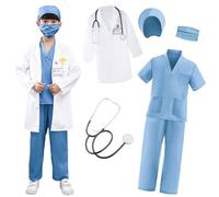 XFOZDM Costume da Dottore per Bambino Bambina Con Camice, Scrub, Stetoscopio, Kit Chirurgo Medico per Ragazzi Ragazze, Gioco di Ruolo, Carnevale, Halloween, Cosplay, 7-8 Anni, Blu, 130