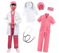 XFOZDM Costume da Dottoressa per Bambina Con Camice Dottoressa Scrub Stetoscopio Kit Dottoressa Chirurgo Medico Costume per Ragazze Gioco di Ruolo Carnevale Halloween Cosplay 5-6 Anni Rosa 120