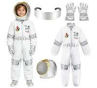 XFOZDM Set costume da astronauta per bambini con casco, guanti e occhiali, tuta bianca per ragazzi e ragazze, costume per Halloween, carnevale, feste in costume, giochi di ruolo, bianco, M