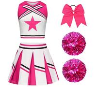 XFOZDM Vestito Cheerleader Bambina Costume da Cheerleader per Ragazze Bambini con Pon Pon Cheerleader e cerchietto per capelli Uniforme da Cheerleader Bambina per Carnevale Compleanno Rosa 170