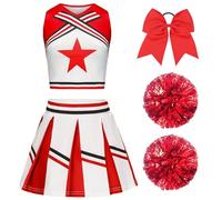 XFOZDM Vestito Cheerleader Bambina Costume da Cheerleader per Ragazze Bambini con Pon Pon Cheerleader e cerchietto per capelli Uniforme da Cheerleader Bambina per Carnevale Compleanno Rosso 140