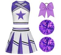 XFOZDM Vestito Cheerleader Bambina Costume da Cheerleader per Ragazze Bambini con Pon Pon Cheerleader e cerchietto per capelli Uniforme da Cheerleader Bambina per Carnevale Compleanno Viola 150
