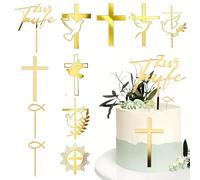 XFSRG 11 Pezzi Topper Torta Comunione Croce d'oro e Colomba Cake Decorazione per Torte di Compleanno Decorazione a Forma di Pesce in Acrilico Cake Topper Specchio per Feste Matrimoni