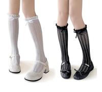 XFSRG 2 Paia Donna Calzini da Ginocchio Eleganti Calze Lunghe con fiocco in Papillon Raso e Volant per Cocktail Party Matrimonio Oktoberfest Festa Popolare (Bianco + Nero)