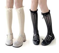 XFSRG 2 Paia Donna Calzini da Ginocchio Eleganti Calze Lunghe con fiocco in Papillon Raso e Volant per Cocktail Party Matrimonio Oktoberfest Festa Popolare (Beige + Nero)