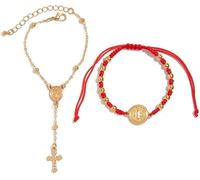 XFSRG 2 Pezzi Bracciale Ciondolo Croce Cattolica Bracciale Donna Regolabile Perline Dorate Santa Maria Gioielli Religiosi di Moda Ideale per Cresime Comunioni