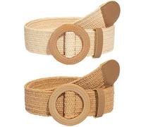 XFSRG 2 Pezzi Cintura Intrecciata Donna Cintura Elastica Tessuta in Paglia Senza Fibbia Boho Estiva per Abiti e Vestiti da Spiaggia (Marrone 1+Beige 1)