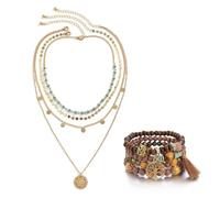XFSRG 2 Pezzi Collana Multistrato da Donna e Bracciale Boho a Strati con Perline e Ciondolo Moneta Ciondolo Multistrato Collana Lunga a Strati Collane con Perline (Style1)