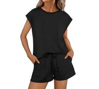 XFSRG 2 Pezzi Tuta Donna Estivo Maniche Corte Pantaloncini Girocollo Jogging Suit Elegante Casual Abbigliamento Sportivo con Tasche(Nero/M)